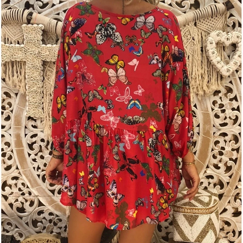 Женские осенние Топы Boho рубашки с цветочным принтом и бабочками блузки длинным