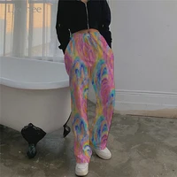 lychee harajuku rainbow tie dye printed women pants elastic waist wide leg female bottoms casual full print loose lady trousers