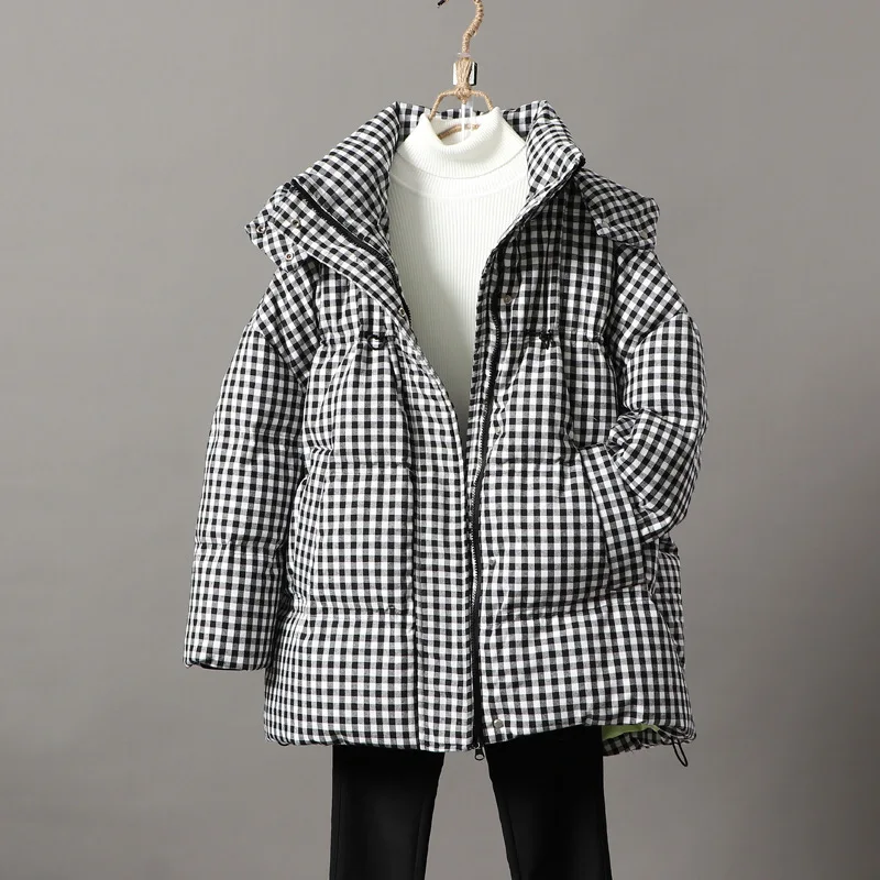 

2021 New Down Jacket Women's Black and White Squares Thicken Medium and Long Loose Hooded White Duck Down Women's Coat Tide