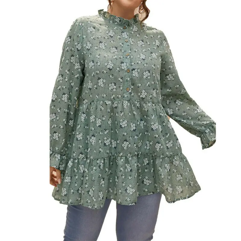 

Women Floral Printed T-shirts Long Sleeve Ruffle Round Neck Casual Loose Tops Green Loose Buttons Ladies New Tees Shirt Top