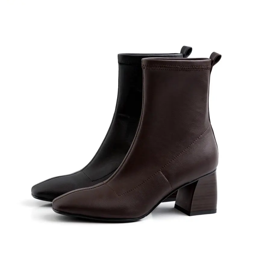 ANMAIRON 2020 Mature Genuine Leather Boots Women Basic Round Toe Square Heel Ankle Boots for Women Zip Women Shoes Size 34-43