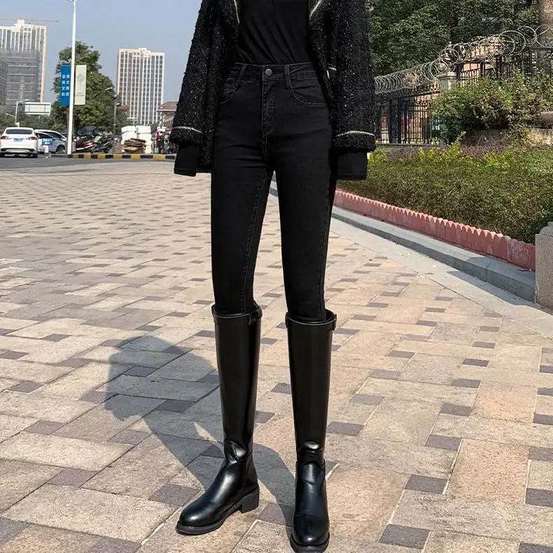 

Woman Jeans Pants Black Winter High Waist Short Tight Tappered Pencil Pants