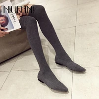 wool elastic fabric over the knee women autumn boots fashion knitting sock boots pointed toe flats shoes female thigh high boots