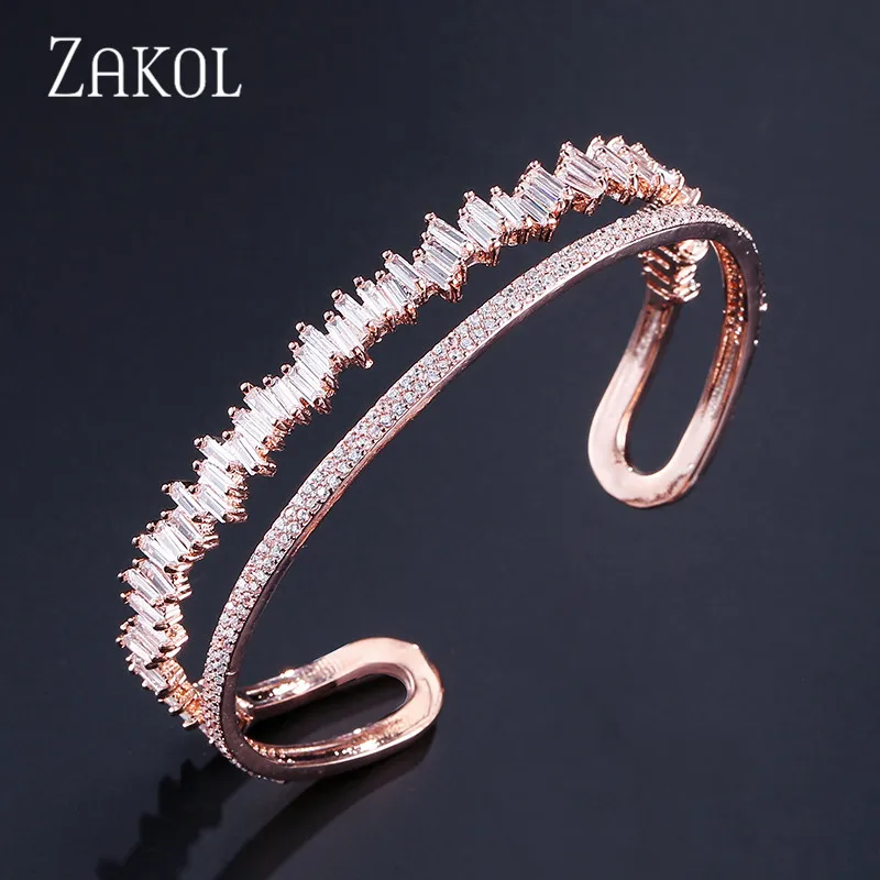 Rose Gold Bracelet ZAKOL, Новое поступление, набор ювелирных изделий круглой формы, изысканный микро-Браслет-манжета, браслет и кольцо, набор, бижутерия, FSSP376 - Окраска металла: Rose Gold Bracelet