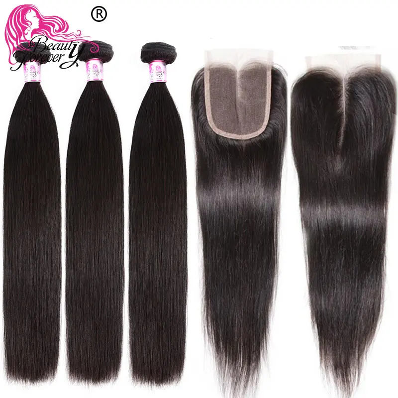 Beauty forever прямые волосы 3 пучка с 2 шт закрывания 4*4 же части перуанские Remy человеческие волосы ткет пучки с закрытием