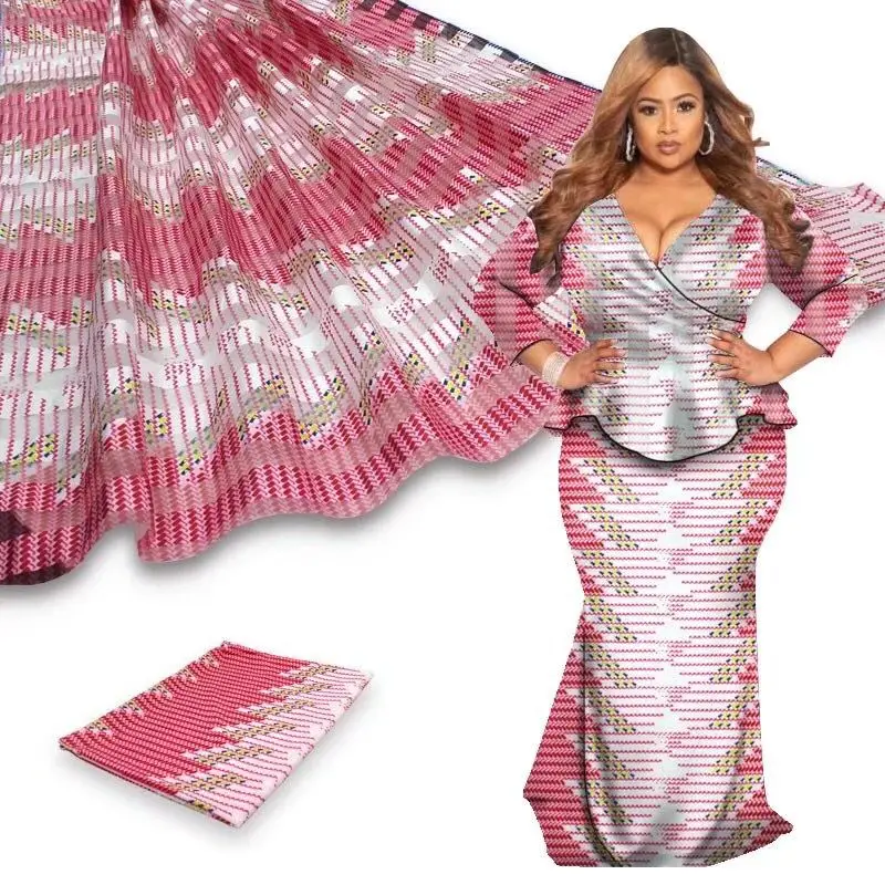

African 4yards Printed Satin Silk Fabric Wax with 2yards Organza Chiffon Prints Wax Design30
