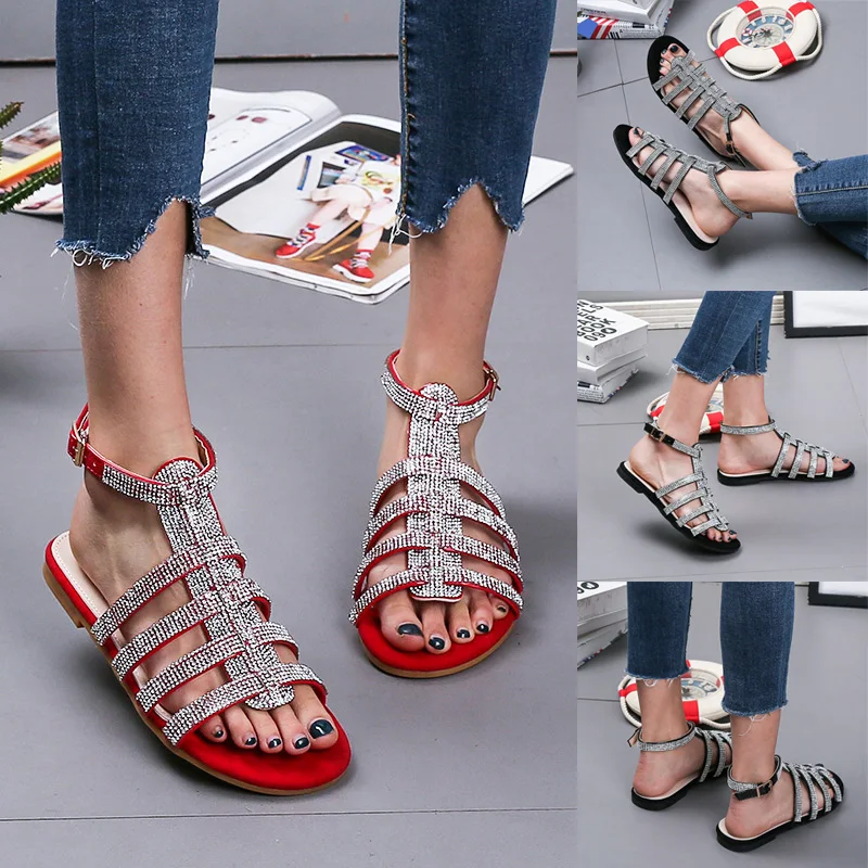 

Newly Ladies Women Sandals Ankle Strap Diamond Flat Sandals Summer Beach Comfy Flat Shoes