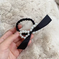 pearl streamer hair rope fashion accessories women solid color high elastic beaded bow hair ring rubber band ribbon tie headwear