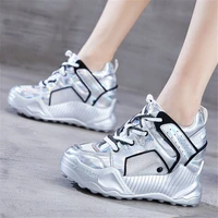 women genuine leather platform wedge high heels fashion sneakers breathable casual shoes lace up round toe boots party