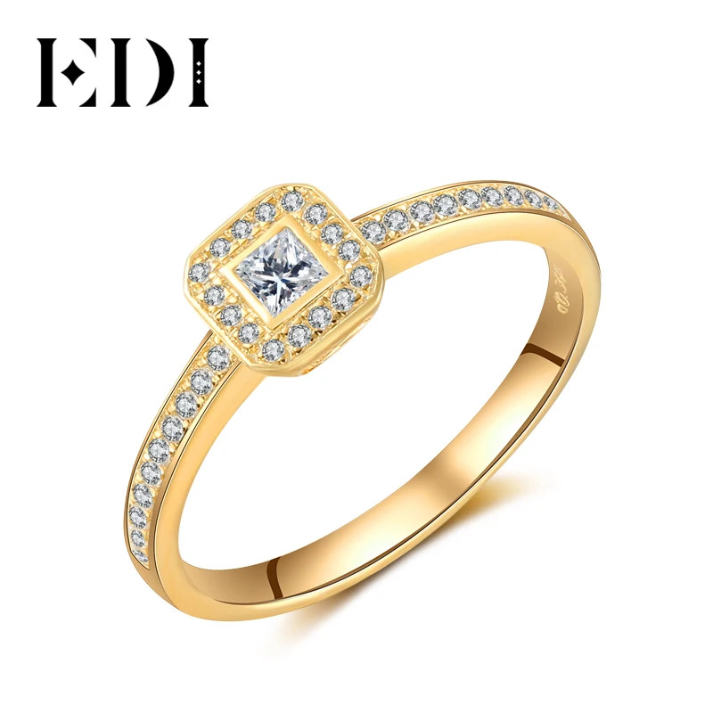 EDI подлинное 0.23CT принцесса огранка натуральный Алмаз Halo Настоящее 14k желтое