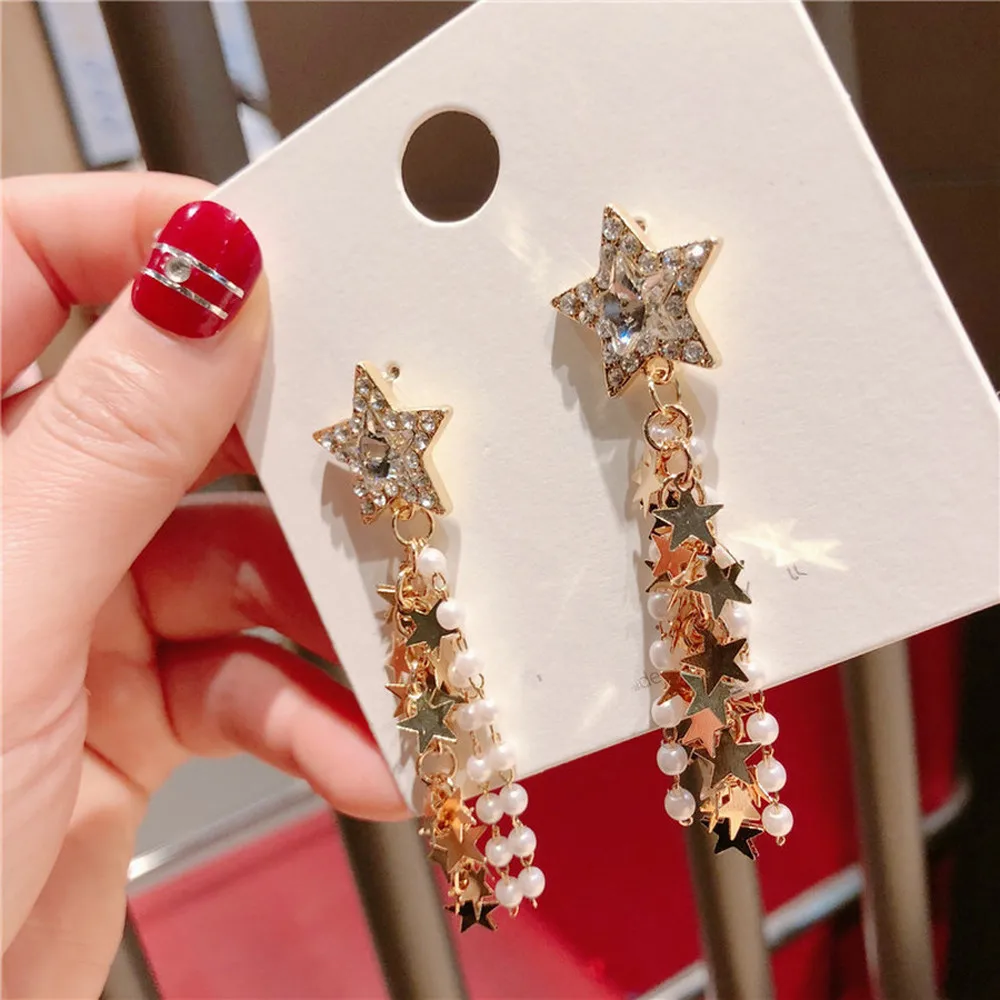 Серьги подвески с пентаграммой имитация жемчуга длинные серьги для девочек