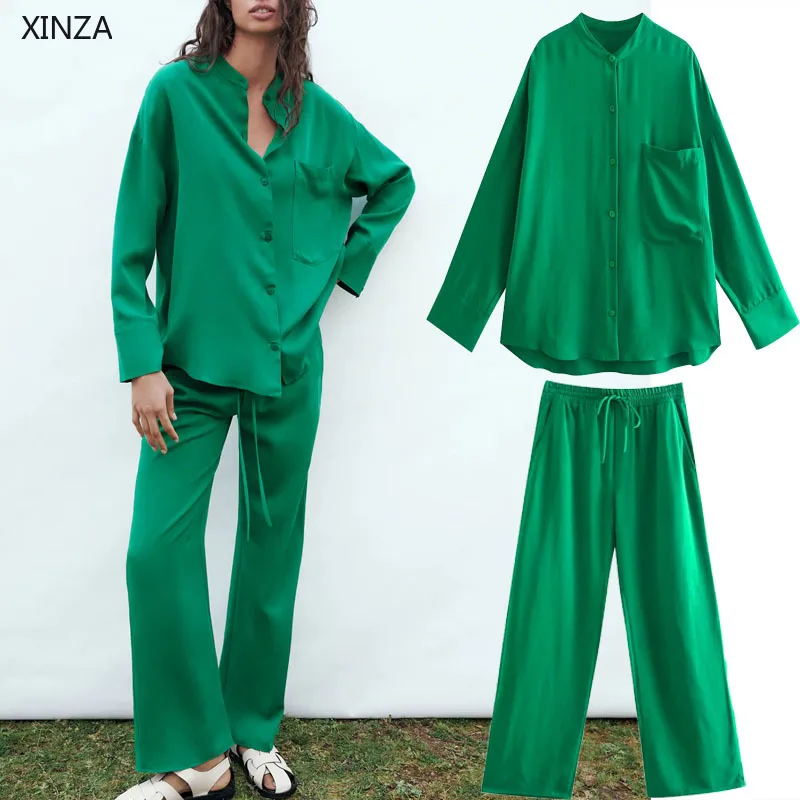 

Брюки ZA женские с завышенной талией, зеленые винтажные повседневные штаны с регулируемой эластичной завязкой на талии, с широкими штанинам...