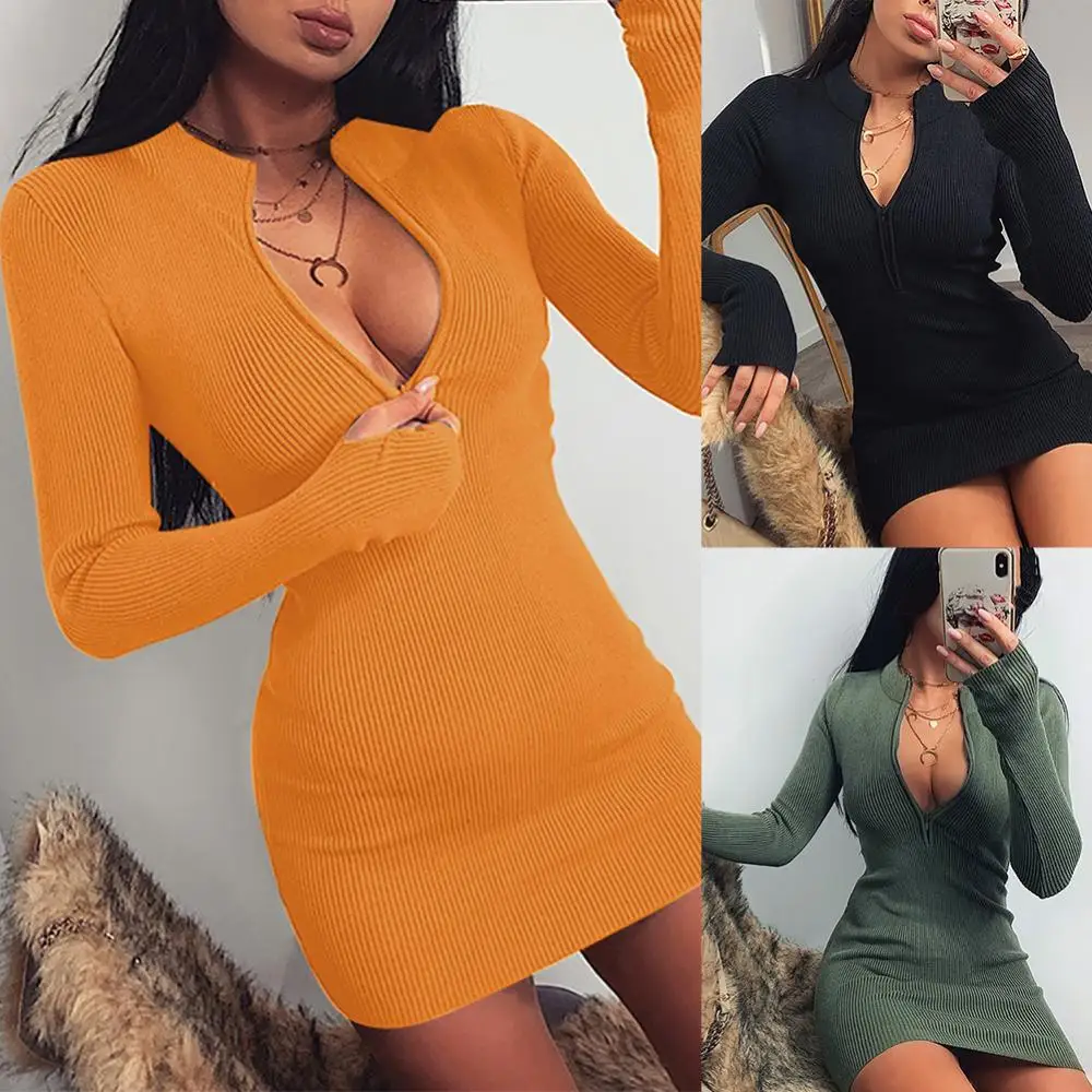 

Summer Slim Dresses Sundress Long Sleeve Deep V Neck Women Sexy Deep V Neck Zip Long Sleeves Solid Color Bodycon Party Mini Dres