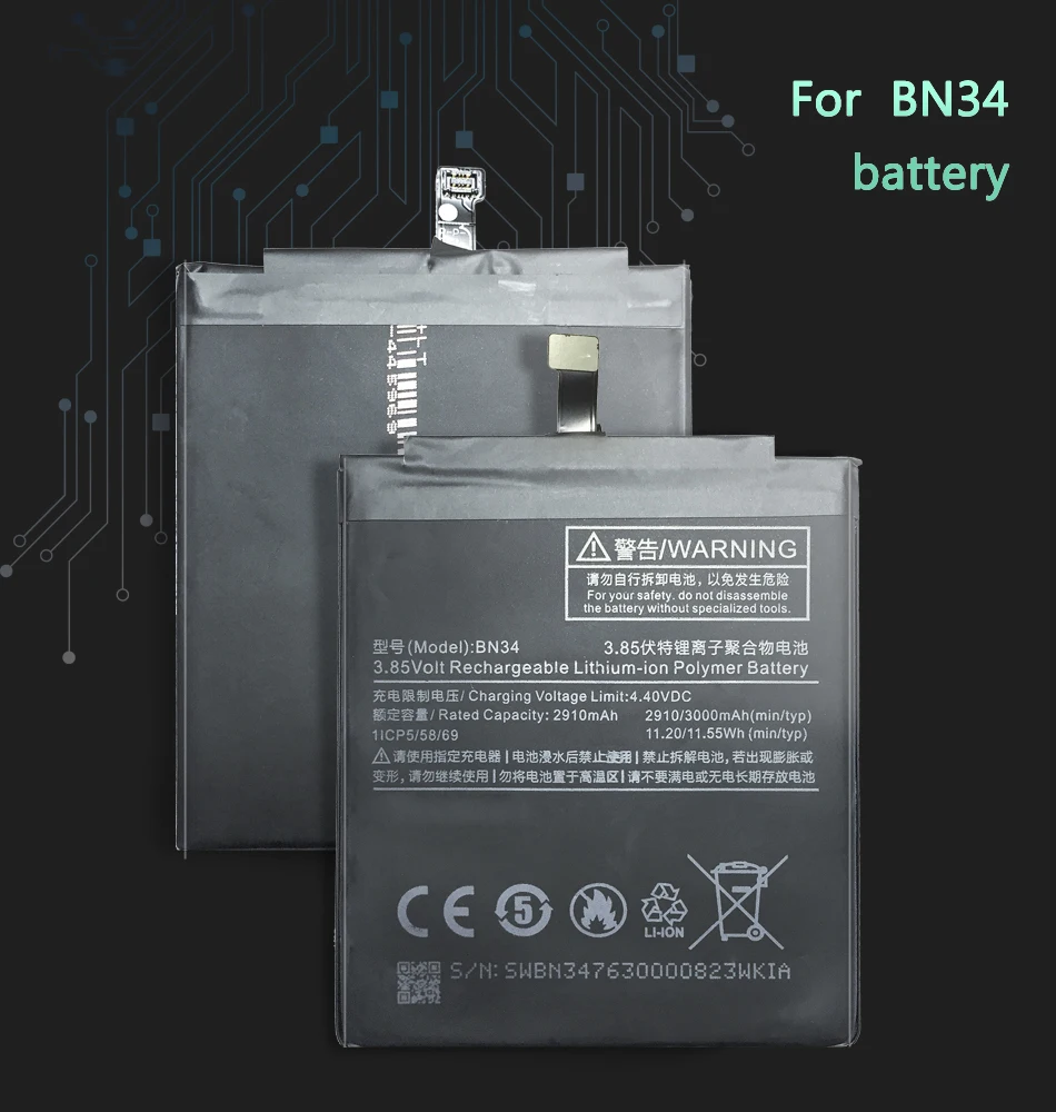BN34 3000mAh для Xiaomi Redmi 5A перезаряжаемый мобильный телефон Литий-полимерный аккумулятор