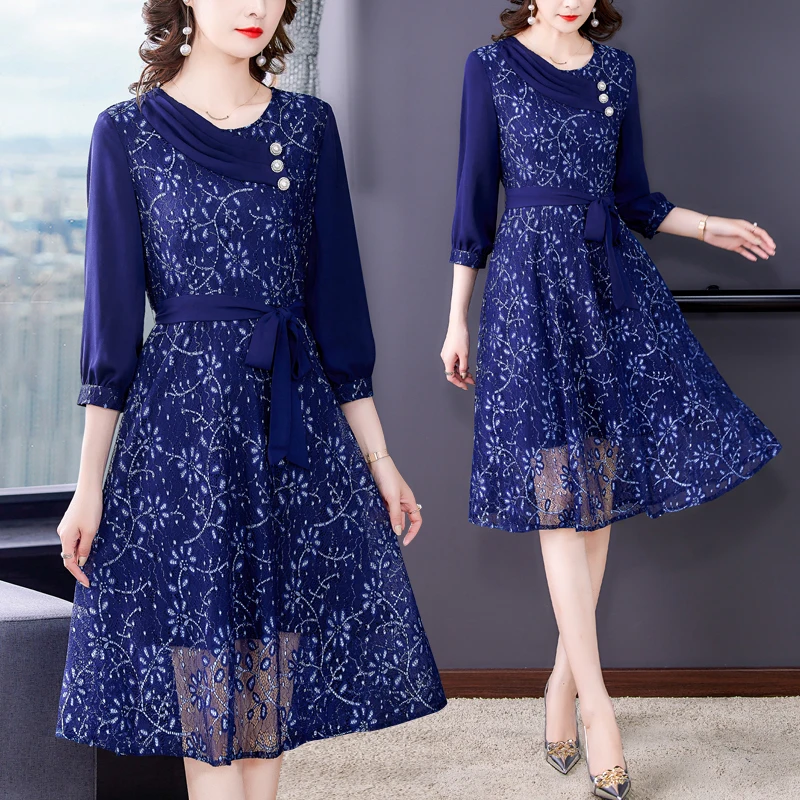 

COIGARSAM женское длинное платье осень 2021 лоскутное кружевное синее платье с круглым вырезом и высокой талией Traf Robe Vestidos