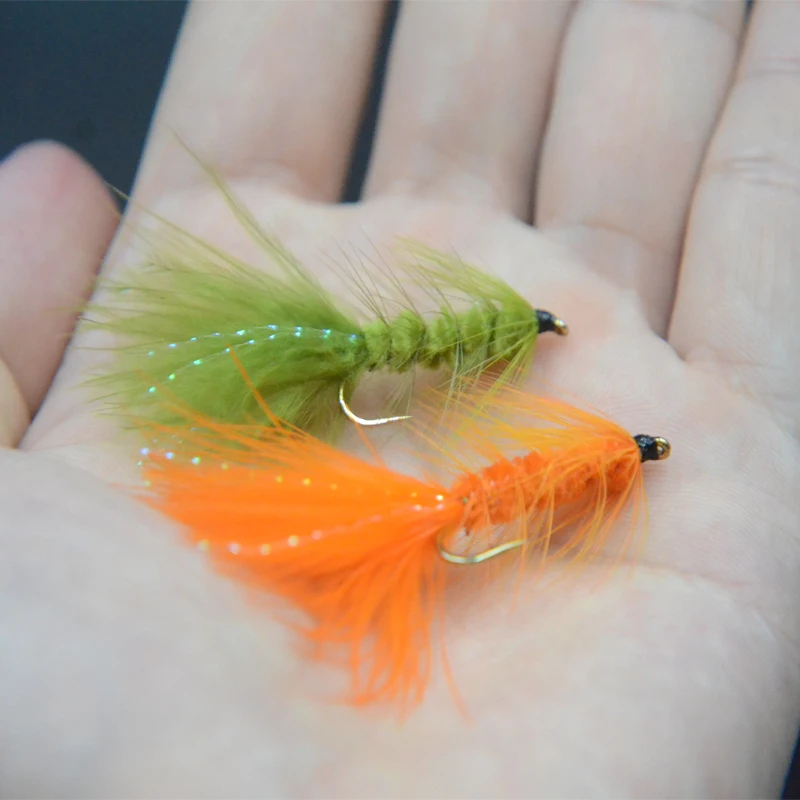 В ассортименте 2 вида цветов оранжевый/оливковый Wooly Bugger искусственный мокрых мух