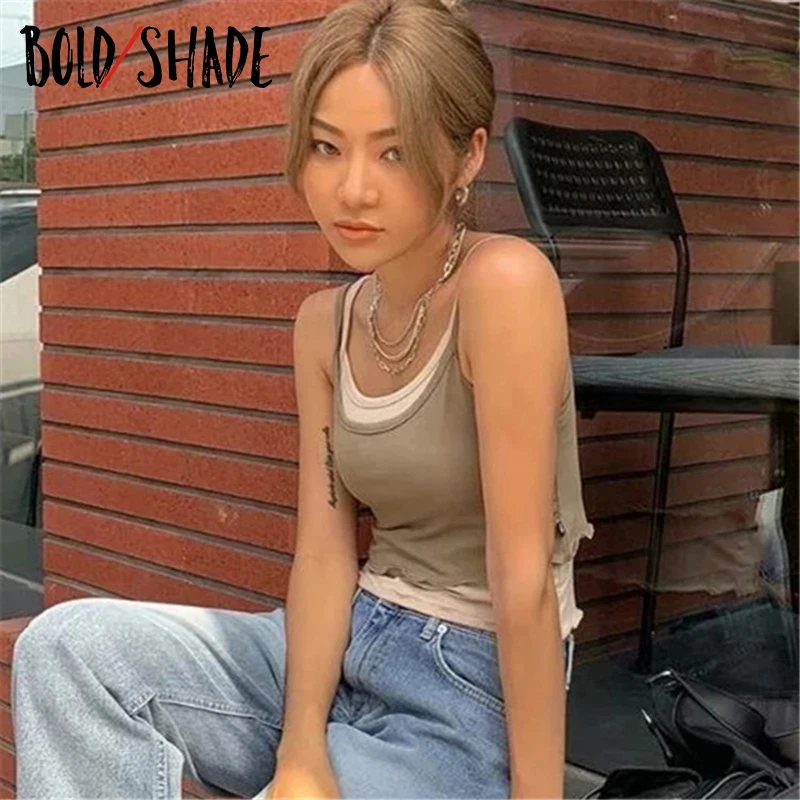 Bold Shade Grunge Streetwear 90s Style Camis Women Patchwork Indie Vintage Tank Tops 2021 Skinny Ribbed Strap Crop Top Basic Hot