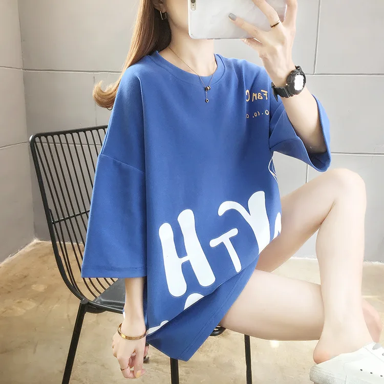 

Summer new han edition short sleeve T-shirt woman printed letters round collar fat mm