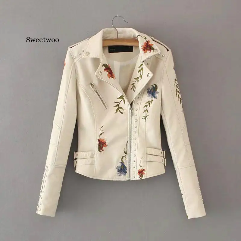 Women Floral Print Embroidery Faux Soft Leather Jacket Coat  Turn-down Collar Casual Pu Motorcycle Black Punk Outerwear