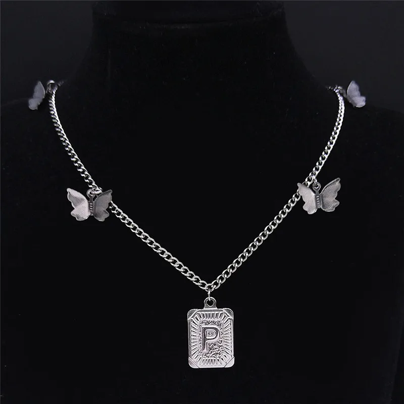 

Hip Hop Butterfly Stainless Steel P Letter Necklaces Silver Color Statement Necklace Jewelry collier lettre initiale N7002PS03