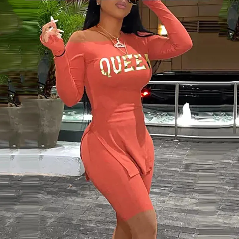 

2021 Summer Women Casual Two Piece Sets Slit Letter Print One Shoulder Long Sleeve Top & Slim Fit Shorts Set