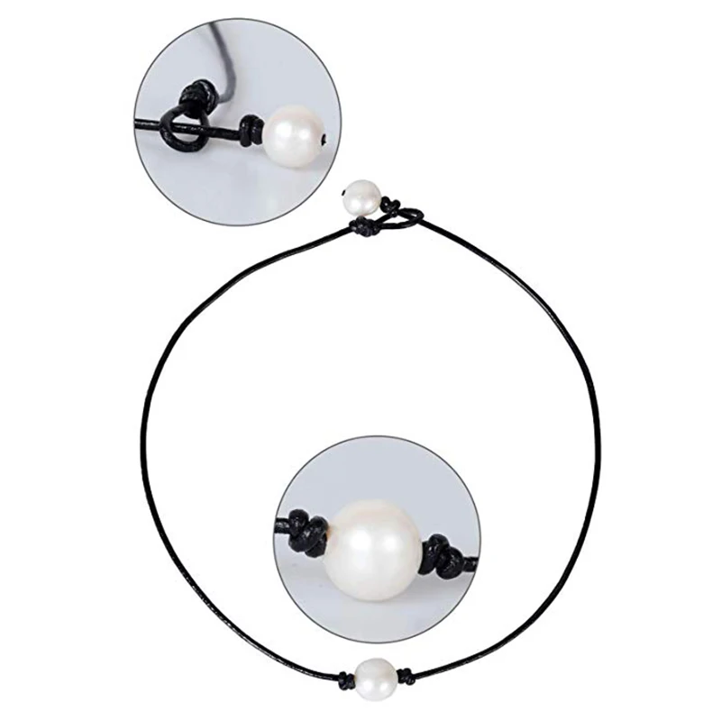 HIYONG белый один культивированный жемчуг Ожерелье-чокер ручной работы шнур из натуральной кожи завязанные ювелирные изделия для женщин девочек 16"