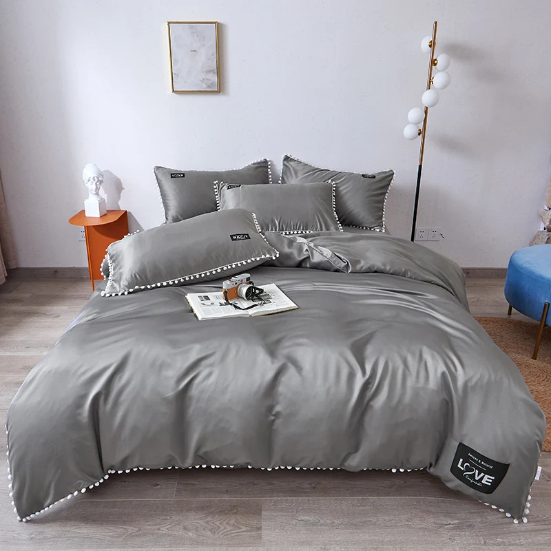 

3/4 Pcs Satin Duvet Cover King Size Set Luxury Silk Gray Bed Skirt Pillowcases Bedding Set with Zipper Closure and Corner Ties