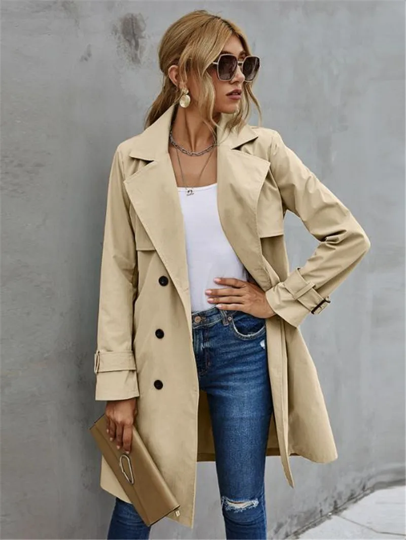 

Fashion Women Trench Casual Solid Color Coat Adult Elagant Fashion Long Sleeve Lapel Neck Double Breasted Belted Coat For Female