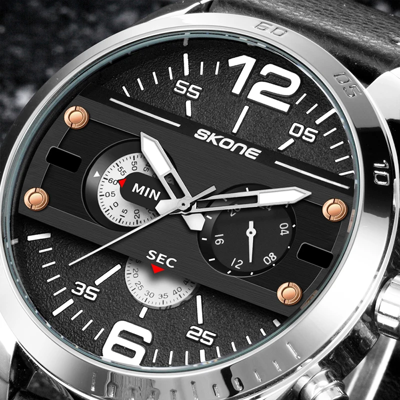 Часы SKONE Мужские кварцевые с большим циферблатом спортивные водонепроницаемость