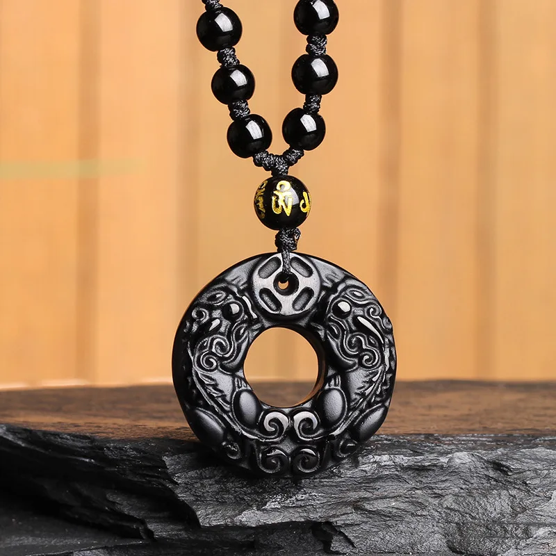 Черное ожерелье из натурального обсидиана Круглый амулет с резьбой Pixiu ювелирные