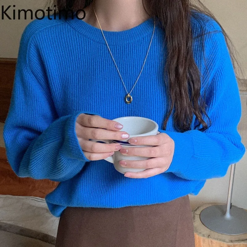 

Женские свитера Kimotimo, корейский шикарный винтажный однотонный пуловер с круглым вырезом, Осень-зима, универсальный модный вязаный свитер с ...