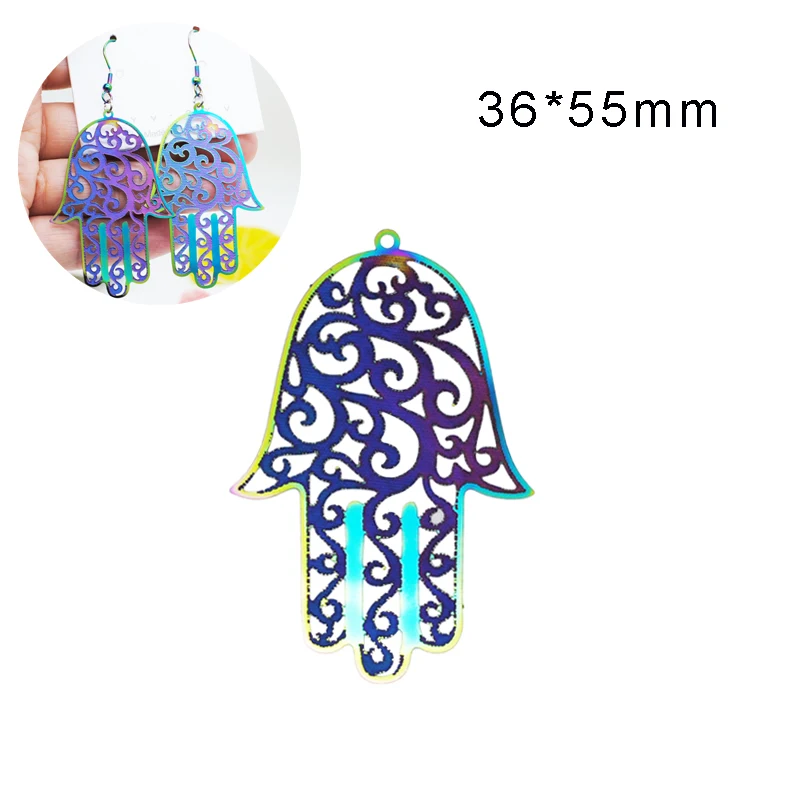 

10pcs/Lot Rainbow Color Hamsa Palm Fatima Hand 36*55mm Stainless Steels Earring Making Pendant Charms For Jewelry Making
