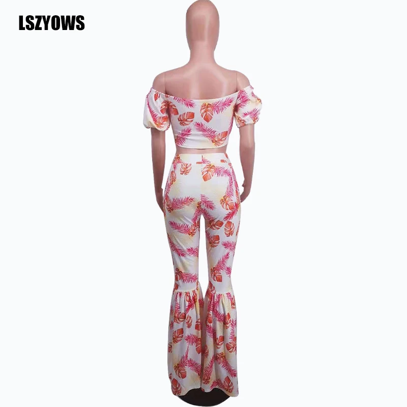 

Boho Print Two Piece Set Women Summer Short Sleeve Lace Up Crop Top and Flare Pants Matching Set Club Party Sexy 2 Piece Outfits