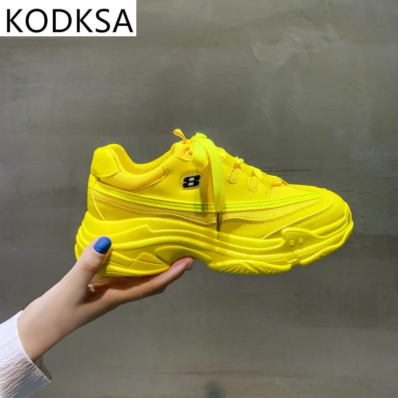 

2021 New Designer Sneakers Women Platform Casual Shoes Fashion Sneakers Platform Basket Femme Yellow Lace-Up Casual Chunky Shoes