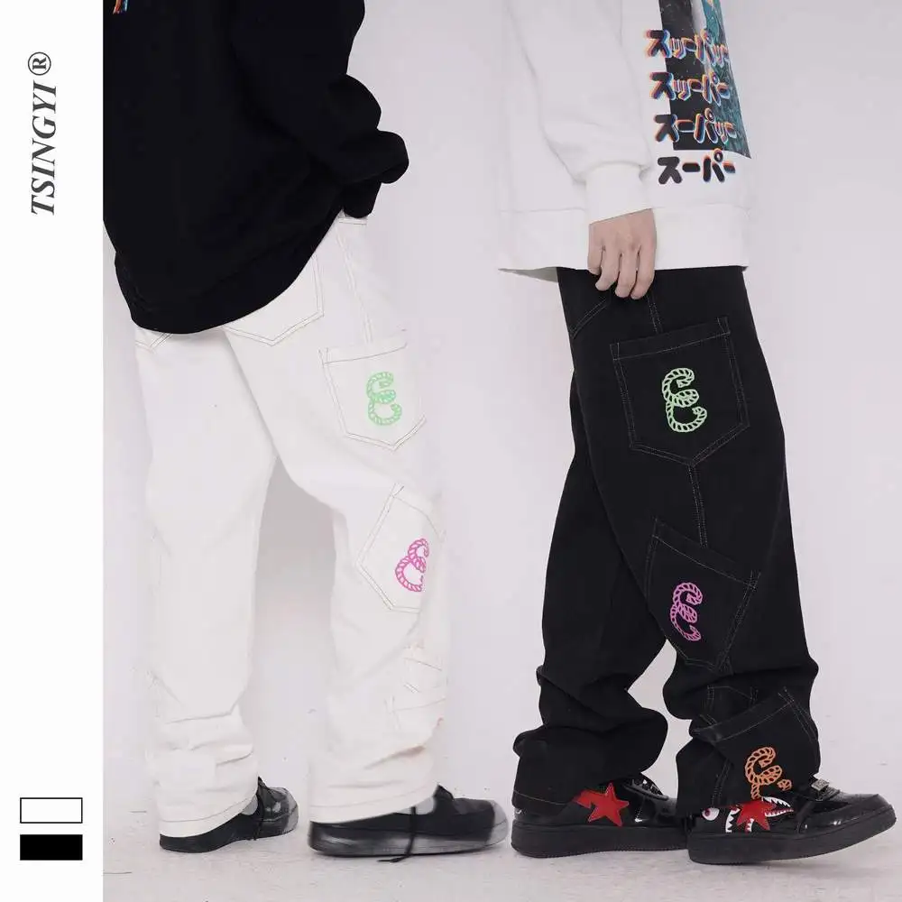 New Retro Multi Pocket Embroidery Letters Straight Jeans Men Women Oversize Baggy Denim Pants White Harajuku Streetwear Trousers
