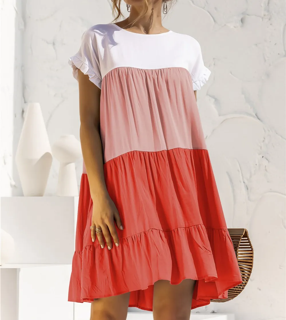 

Beach Butterfly Sleeve Patchwork Summer Dress 2021 Casual O-neck Ruffles Mini Dresses for Women Holiday Party Dresses Vestidos