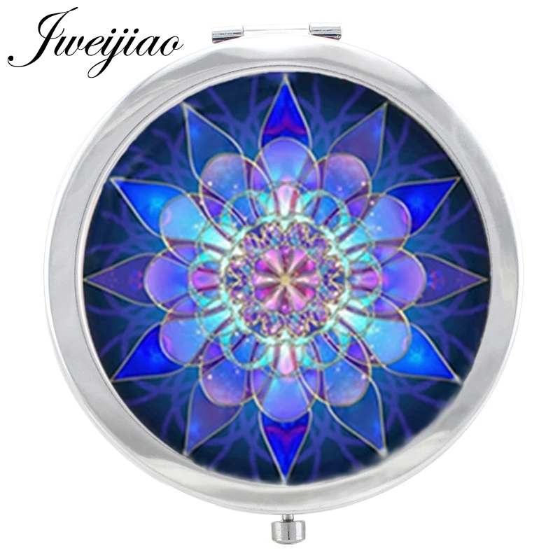 

Youhaken Mandala Flower pattern Makeup Mirror Blue Purple Art image in Glass Cabochon Floding Round compact pocket Mirror espejo
