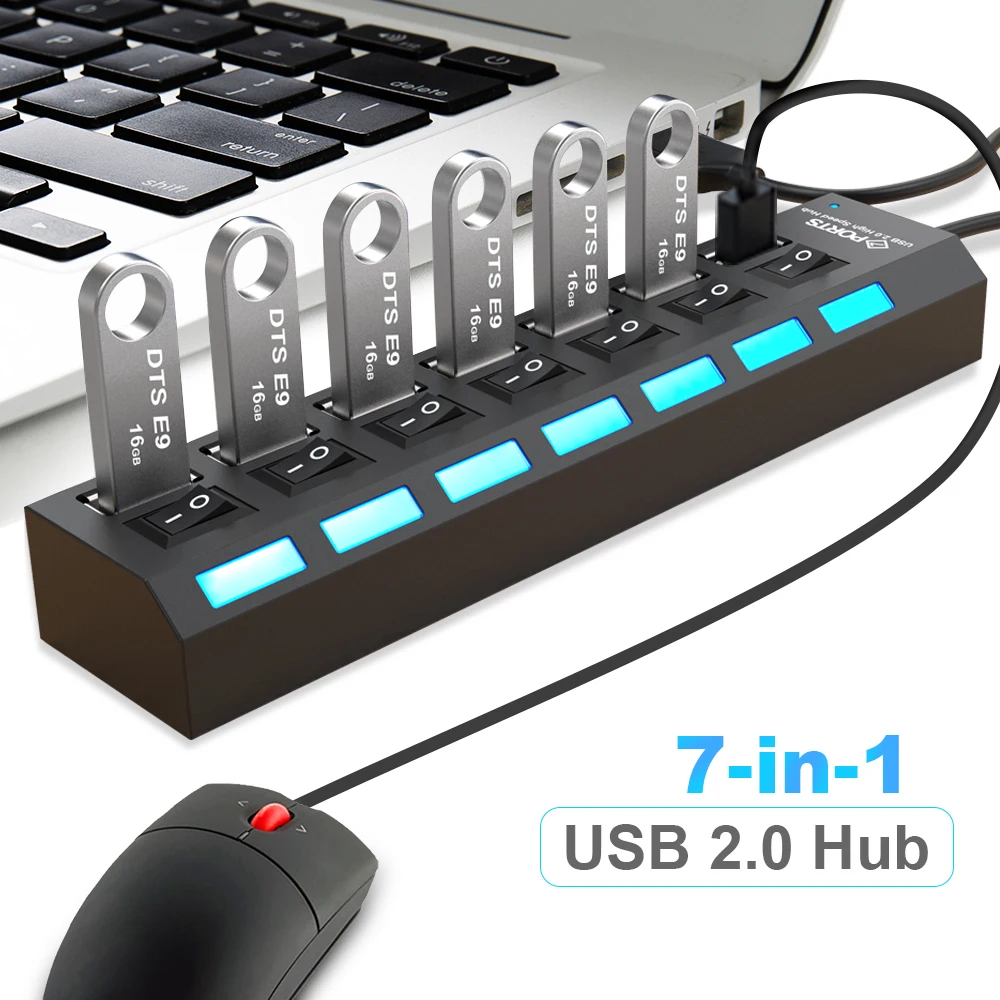 

LOBKIN 7 in 1 USB Hub USB Potrs And Charging Ports With Individual On/Off Switches And LED Lights For PC USB Flash Drives Mouse