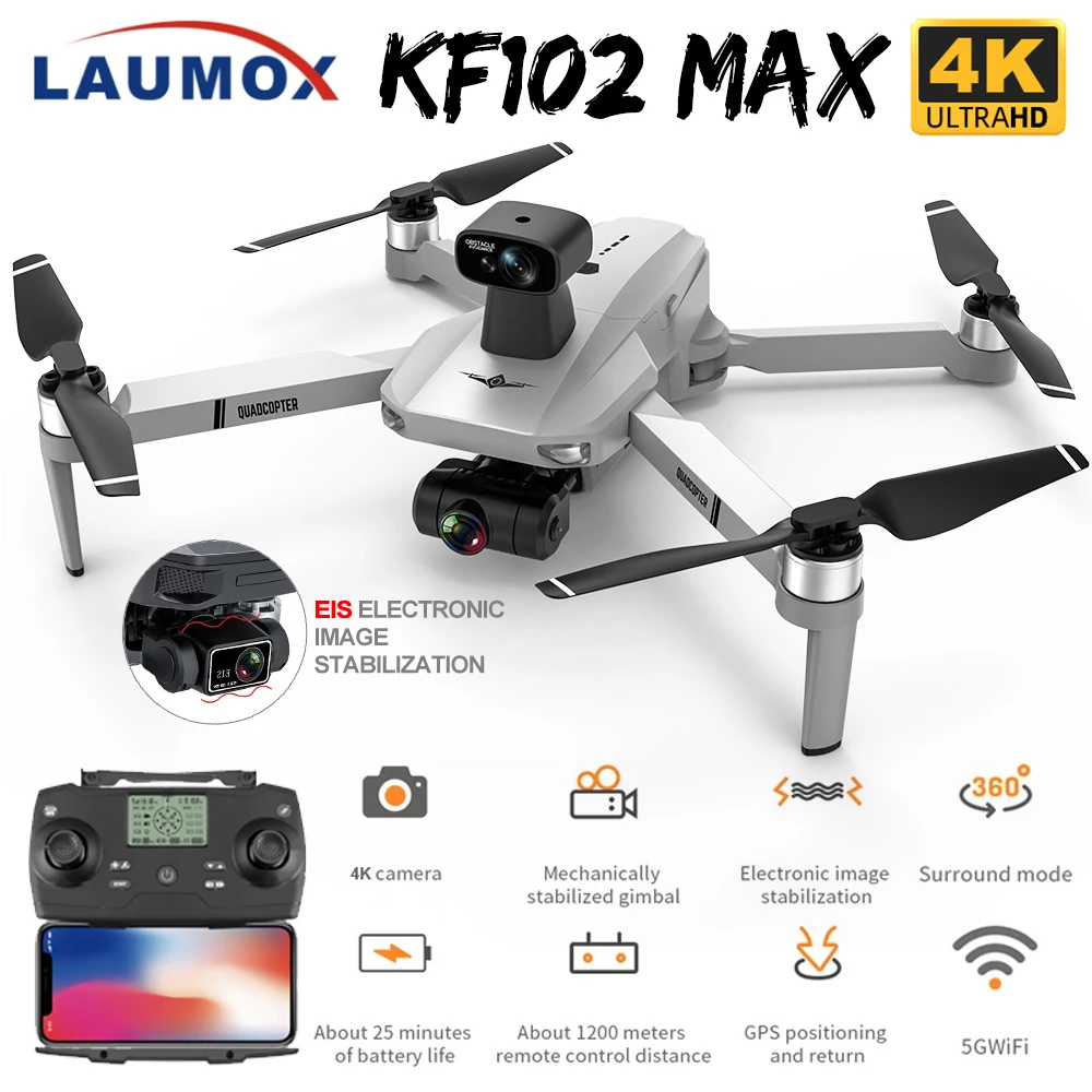 LAUMOX KF102 MAX Drone 4K Profesional GPS HD Camera with 2-Axis Anti-Shake Gimbal Brushless Motor RC Quadcopter VS SG907 MAX