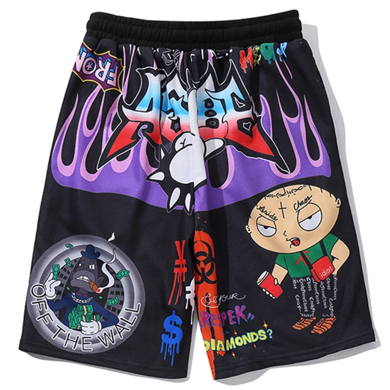 

Hip Hop Graffiti Print Shorts Men Cartoon Bermuda Beach Knee-length Shorts Hip Hop Elastic Waist High Street Summer Sweatpants