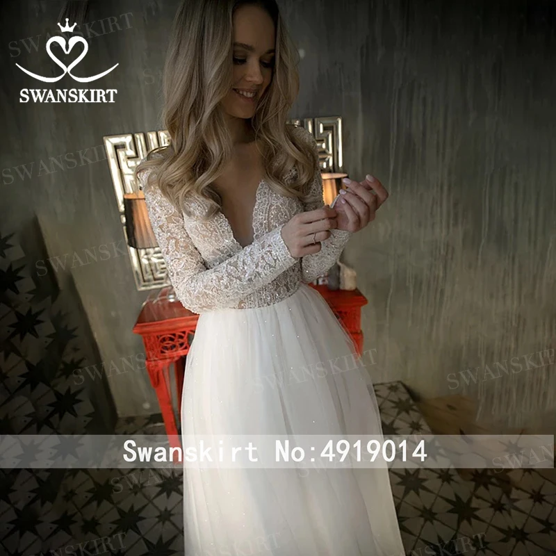 Сексуальное платье с v образным воротом аппликацией свадебное SwanSarah HZ26 простой