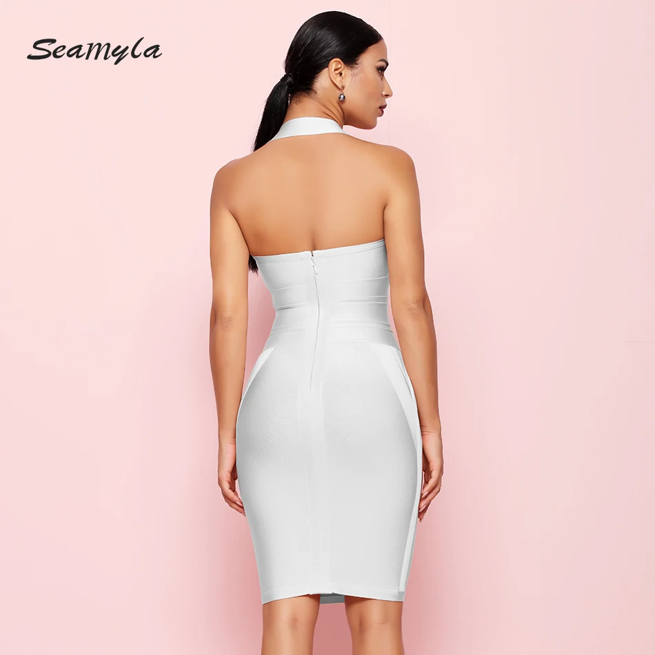 Seamyla облегающее Бандажное платье для женщин Vestidos новое летнее платье с бретелькой через шею для знаменитостей вечернее платье для вечеринок сексуальное ночное Клубное платье