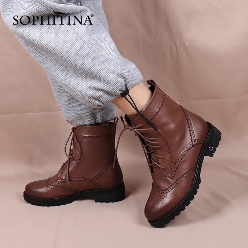 Murah Sepatu Bot Wanita Baru SOPHITINA Sepatu Bot Pergelangan Kaki Wanita Kulit Asli Nyaman Kasual Sepatu Hak Persegi Diikat Silang Sepatu Wanita Antiselip C850