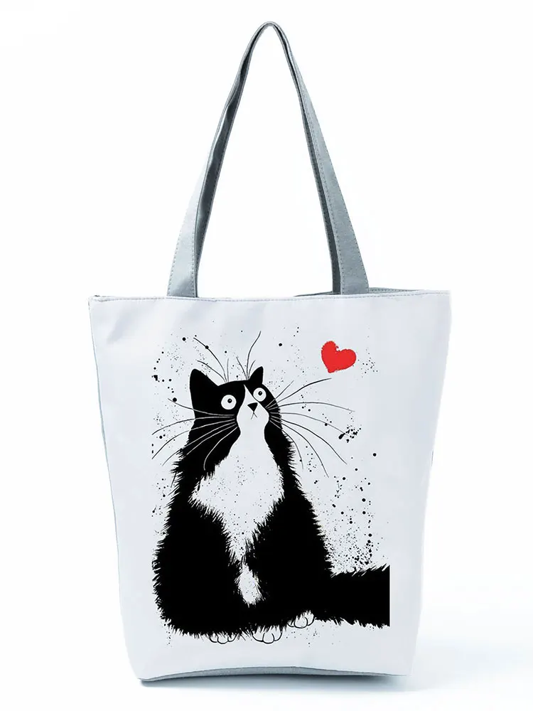 

New Lady Tote Bags Eco Handbag Reusable Casual Shoulder Bag Cat Printed Fabric Cute High Capacity Shopping Office Black White