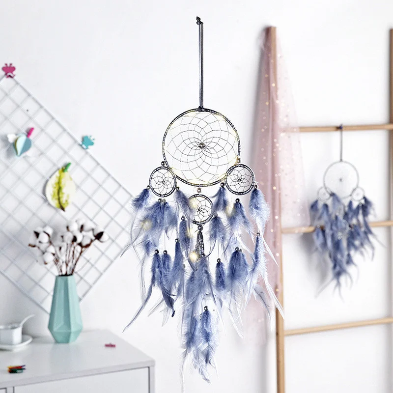 

5 Rings Feather Pendant Silver Gray Dream Catcher Home Wall Hanging Ornaments Bedroom Handmade Wind Chimes Decor Handicrafts
