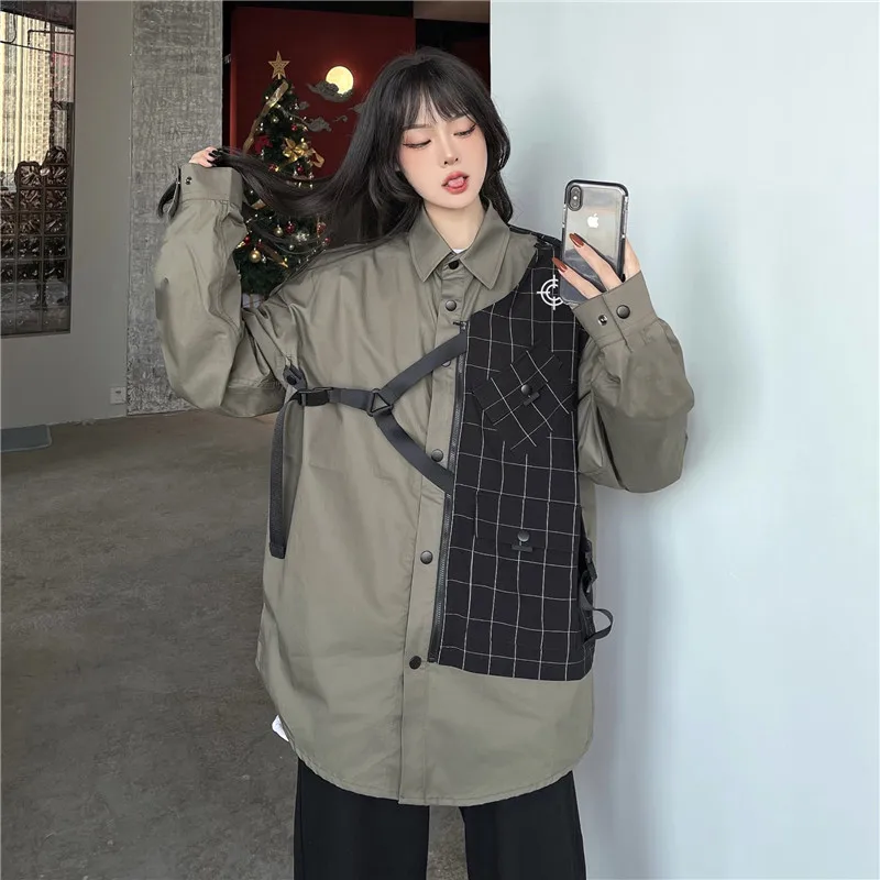 

Harajpoo Women Shirt 2021 Spring Autumn Korean Ins Trendy Girls Fake Two Piece Stitching Design Loose BF Long-Sleeved Blouses