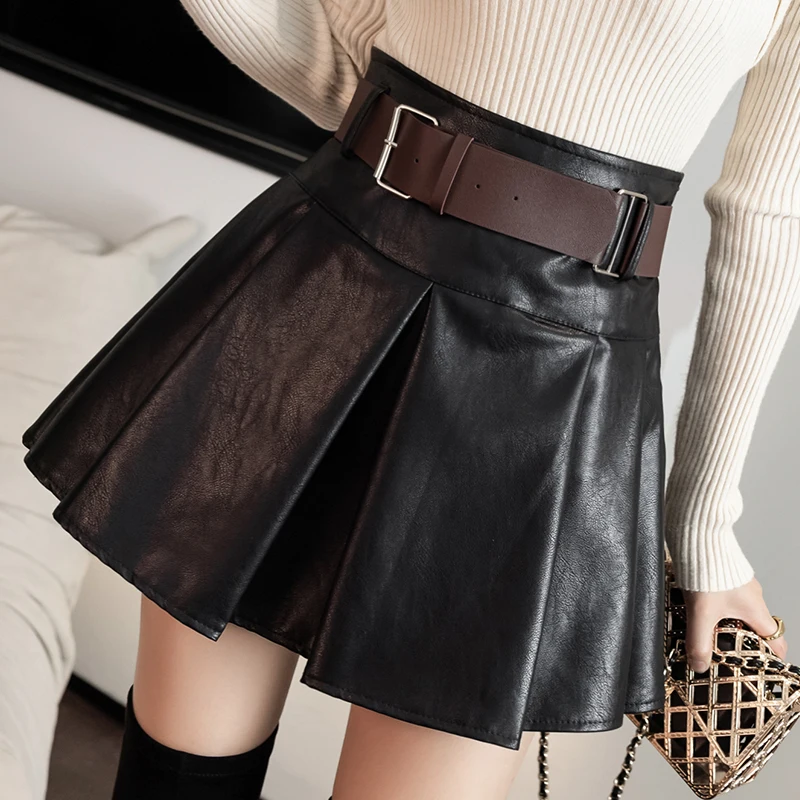 

Плиссированная юбка средней длины, Черная Женская юбка из искусственной кожи на весну, осень и зиму, новая короткая трапециевидная юбка с вы...