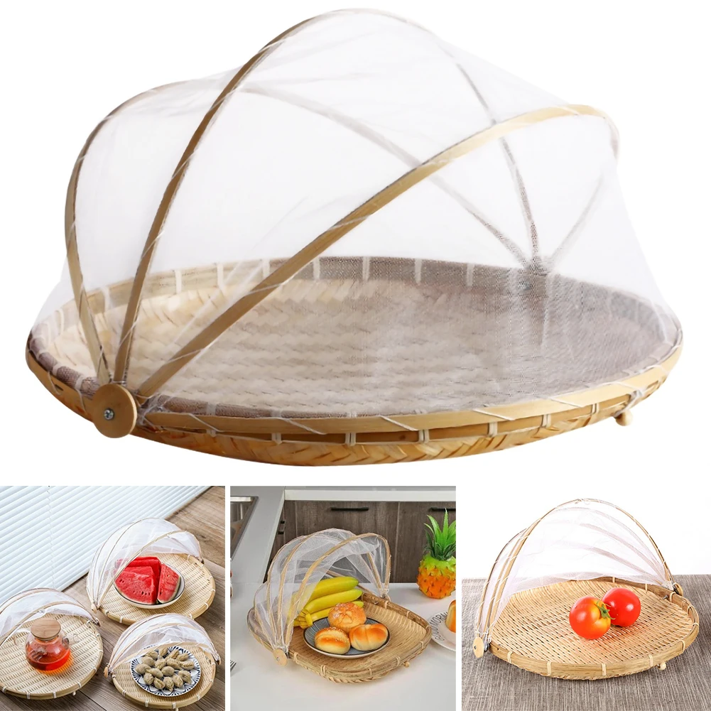 

Hand-Woven Food Serving Tent Basket Fruit Vegetable Bread Storage Basket Simple Atmosphere Outdoor Picnic Mesh Cover