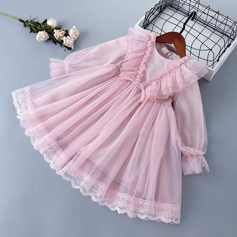 

Children Spring New Sweet Princess Dress Girls V-neck Lace Puffy Mesh Dress Party Dress Birthday Gift Kids Full Cute A-line Dfsf