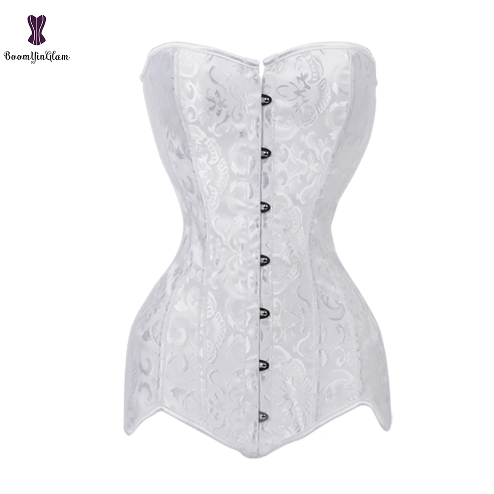 Женский длинный корсет в стиле стимпанк со стальными косточками черный белый